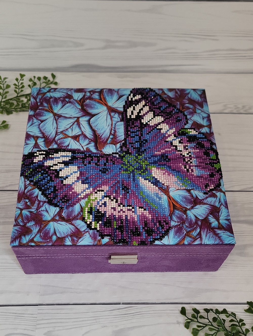 Upcycled Jewelry Case Purple Butterfly Decorative Keepsake Box 10" X 10"